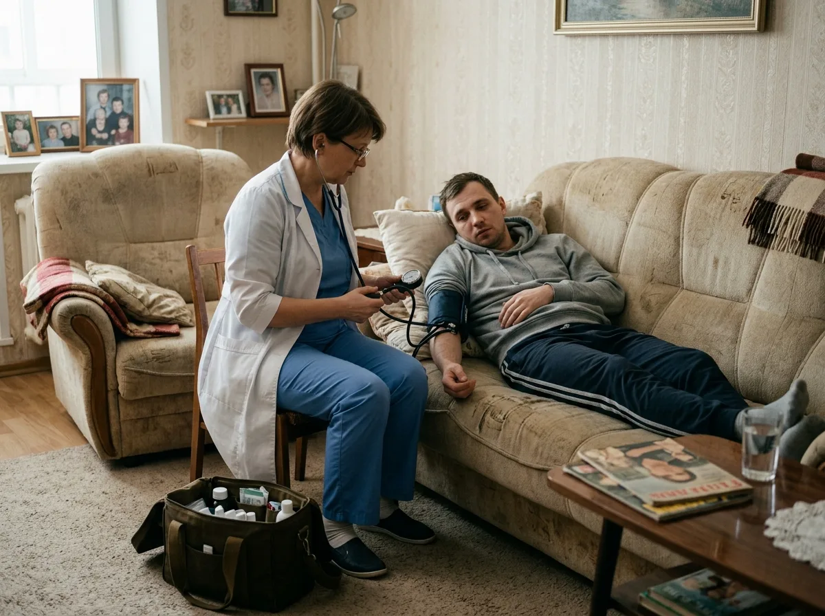 Врач-нарколог осматривает пациента на диване, измеряет давление, медицинская сумка рядом, домашняя обстановка