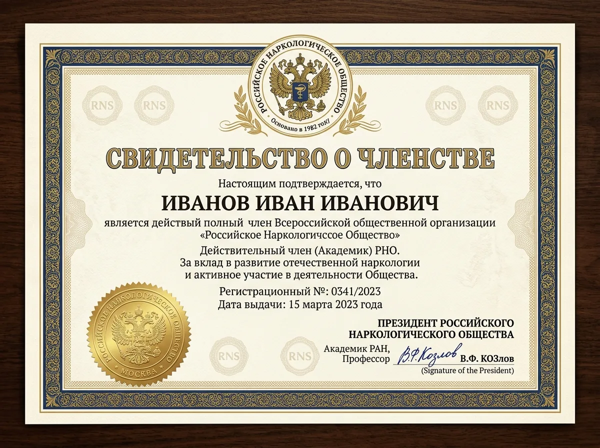 Свидетельство о членстве в Российском наркологическом обществе, официальный документ с золотой печатью и подписью президента общества